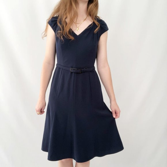 Anne Klein Midi Belted Fit and Flare Navy Blue Dress - Picture 4 of 14